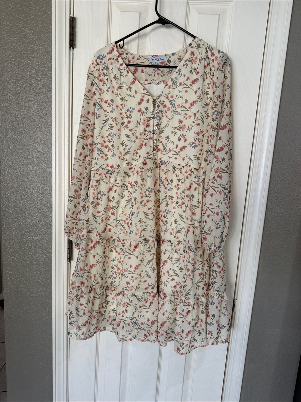 Polagram Tiered Floral V-Neck Long Sleeve Babydoll Dress Size Large multicolored